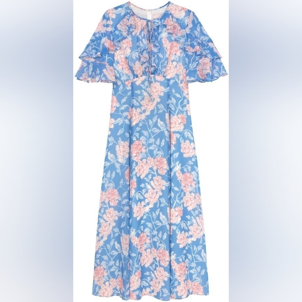 Gal Meets Glam Maxi Blue Pink Floral Shelby Dress Tie Neck Size 4 - Picture 10 of 10